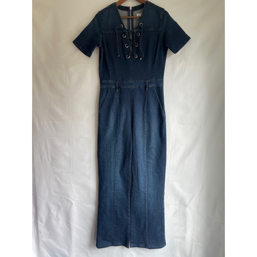 FRAME Denim Prosser Lace Up Front "Le Jumpsuit" Dark Indigo Blue Size Medium